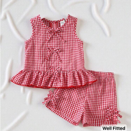 SHEIN Vintaside Kids 2 Pieces Baby Girl Cute Casual Plaid Strappy Camisole And Shorts Clothing Set For Outdoor Outings