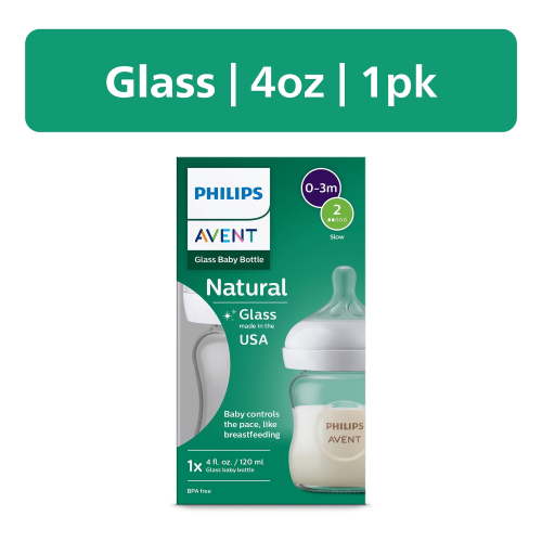 Philips Avent Natural Glass Baby Bottle with Natural Response Nipple (Slow Flow, Flow 2), 4oz, SCY910/01