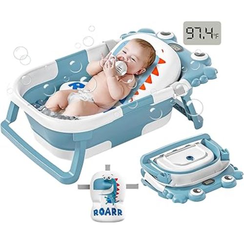Collapsible Baby Bathtub for Newborns to Toddler with Real-time Temp Monitor & Floating Cushion,Portable Travel Tub for 0-36 Month, Foldable Baby Bath Tub for Infants Boy (Light Blue)