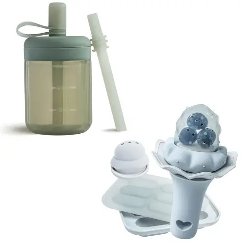 Moonkie Baby Straw Cup & Fruit Feeder Bundle | Silicone Toddler Sippy Cup with Straw Lid + BPA-Free Silicone Baby Food Feeder | Ideal for Baby Led Weaning | 4+ Months | 5oz Sippy Cup & 2-Pack Feeder