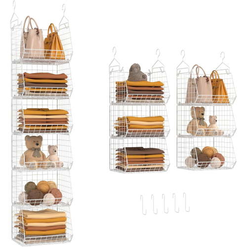 6 Tier Closet Hanging Organizer, Clothes Hanging Shelves with 4 Hanging Hooks 5 S Hooks, Wire Storage Basket Bins, for Clothing Sweaters Shoes Handbags Clutches Accessories Patent
