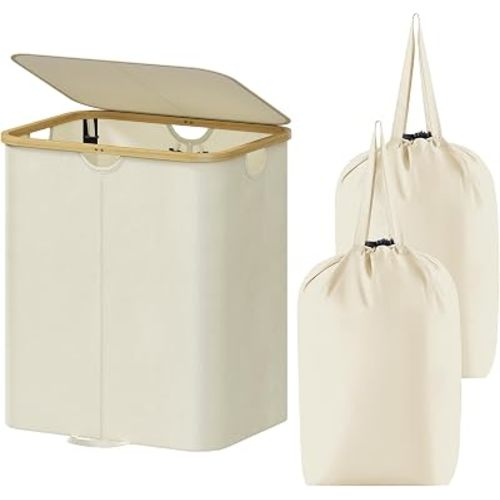 Lifewit 120L Double Laundry Hamper with Lid, Large Laundry Basket with Removable Bag & Bamboo Handles, Fodable Tall Dirty Clothes Hamper for Laundry Collapsible Bin for Bathroom Bedroom Dorm, Beige