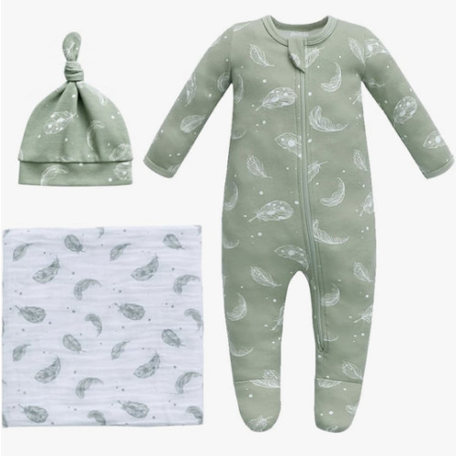 Owlivia Organic Take Me Home Outfit Set, Newborn Baby Boy Girl Footed Pajama Hat and Muslin Blanket Gift Set,3 Pcs
