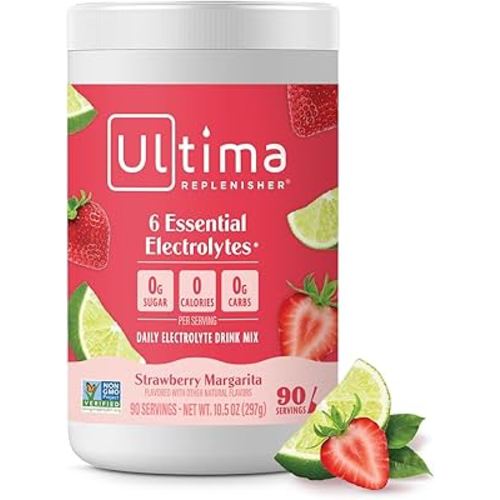 Ultima Replenisher Daily Electrolyte Powder Drink Mix – Sugar Free – Strawberry Margarita, 90 Servings – Hydration Powder with 6 Key Electrolytes and Trace Minerals – Keto Friendly, Non-GMO