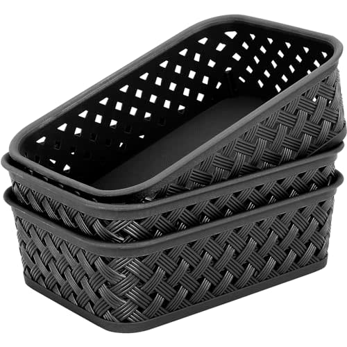 MaxGear 3 Pack Plastic Storage Baskets, Small, Black | Durable Woven Plastic with Built-In Handles, Suitable for Shelves, Closets, Cabinets, Bathrooms and Offices