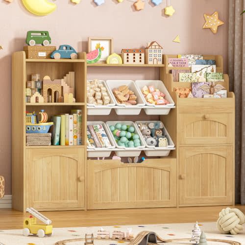 Toy Storage Organizer with Movable Drawer, Kids Bookshelf with bins, Oak | Toy Organizers and Storage with Hidden Wheels, Large Toy Storage and Toy Chest Storage for living room, Playroom, Kids Room