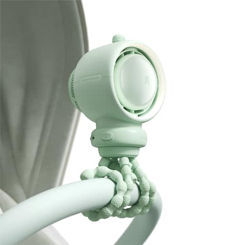 JISULIFE Stroller Fan Baby Large, Safe Bladeless for Crib, Desk, Portable Battery Rechargeable Cooling Fan with Air Turbo Tech, LED Display, Night Light, Food-Grade Gift for Mom/Dad/Friend - Green