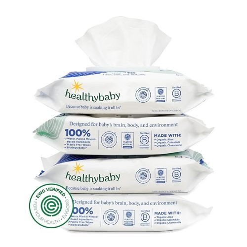 HealthyBaby Our Wet Wipes | EWG Verified Safe | 100% Water & Plant Based | Unscented & Safe for Sensitive Skin | Fragrance Free and Totally Chlorine Free (4 packs, 256 wipes)