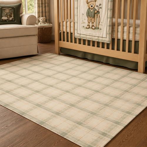 Golf Nursery Rug, Sage Plaid Kids Room Rug - Vintage Bear Golf Collection, Rectangle and Round Options