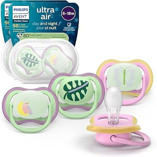Philips Avent Ultra Air Day & Night Pacifiers - Orthodontic Design, for Babies 6-18 Months, Glow-in-the-Dark Version, Soft Silicone Symmetrical Nipple, BPA-free, 2 Sterilizing Cases, 4 Pack, SCF087/32