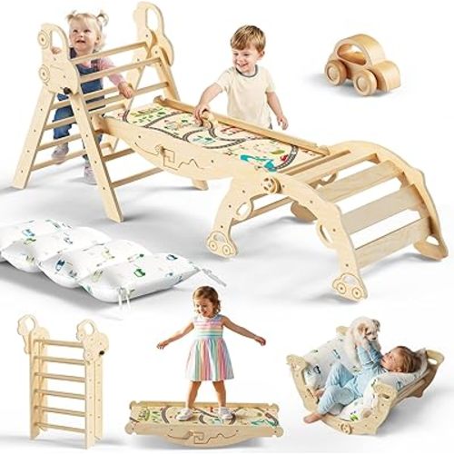 Pikler Triangle Climbing Set with Cushion, Foldable Climbing Toys Indoor, Montessori Toddler Gym, 10-in-1 Climber & Playground, Gift for Christmas, Birthday, New Year (Rainbow Valley)