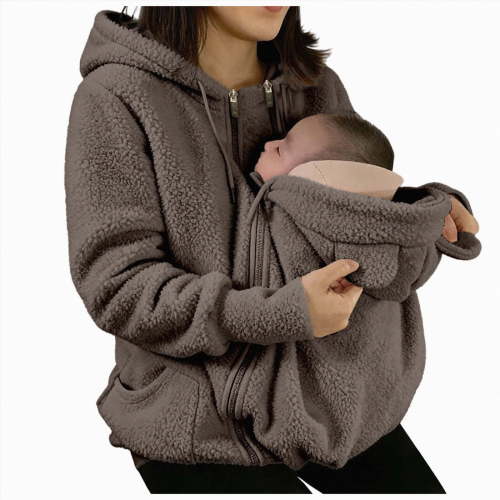 mgoYE Women Zip Up 2 in 1 Ba‘by Wearing Jacket Maternity Winter Coat Thicken Kangaroo Sweatshirt(Khaki,L)