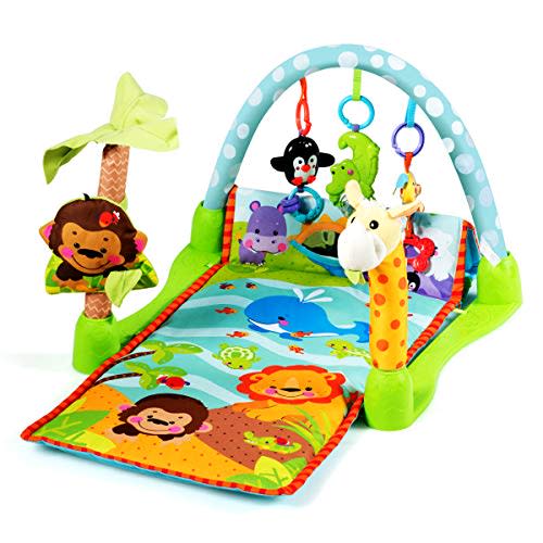 BABY JOY 4-in-1 Baby Play Gym Mat, Colorful Animal Forest Baby Explore Activity Center with Steady Frame and 3 Hanging Toys, Newborn Game Mat, Exercise Baby's Limbs Vision Ability (Forest Colorful)