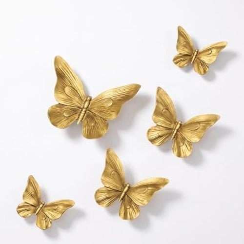 Kathfly 5 Pcs 3D Butterfly Wall Sculpture Classic Gold Resin Decor