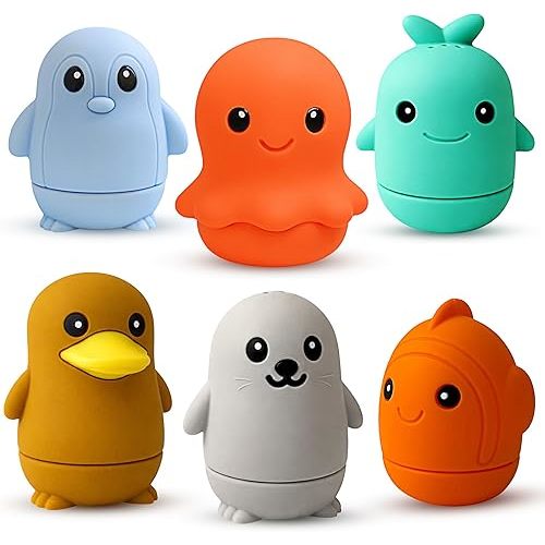 Ocean Friends Bath Toy Set, 6-Piece Silicone Baby Bath Toys for Ages 9 Months+, Soft Food-Grade Silicone, Easy to Clean, Cute Ocean Animals