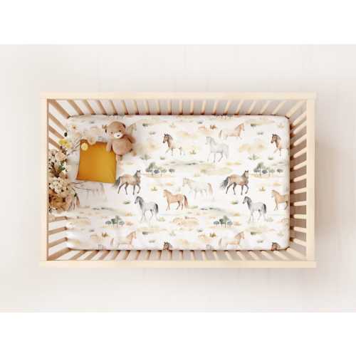 Baby Fitted Crib Sheet With Wild Horses, Western Baby Bedding, Cowboy Nursery Theme, Gender Neutral Crib Sheets, Delicate Nursery Decor