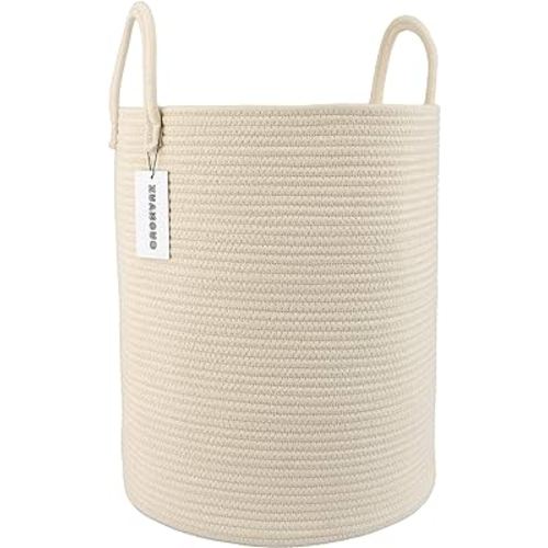 Cotton Rope Laundry Basket Hamper for Clothes Woven Storage Basket for Living Room Bedroom Boho Tall Rope Baskets for Blanket Toys Pillow Towels Baby Nursery Hamper Bin beige