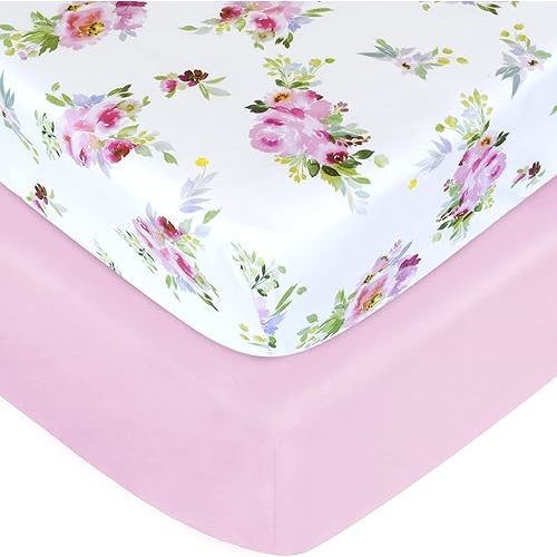 Crib Sheets Girls 2 Pack Floral, Fitted Crib Sheet for Standard Size Crib and Toddler Mattresses, Soft and Breathable Material, Floral