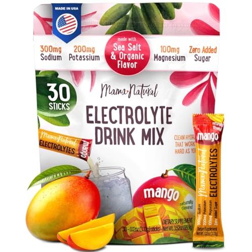 Mama Natural Electrolytes Powder Packets – Instant Hydration with natural Sea Salt, Potassium & Magnesium Glycinate – Sugar Free, Organic Mango Flavor – 30 Travel Sticks for Postpartum & Pregnancy