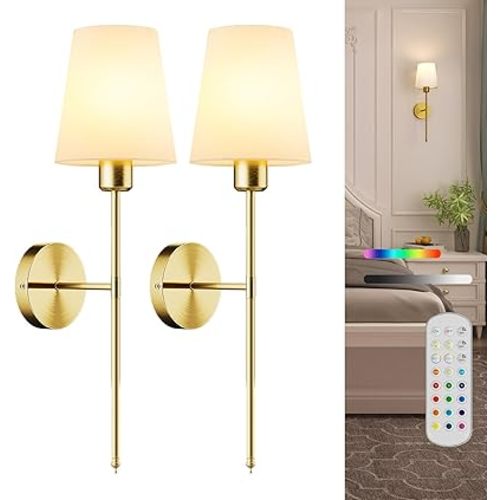Battery Operated Wall Sconce Set of 2,Rechargeable Wall Lights with Dimmable Detachable Bulbs and Remote,15 Colors Wireless Wall Lamps for Bedroom Living Room Hallway,Gold(2 Pack)