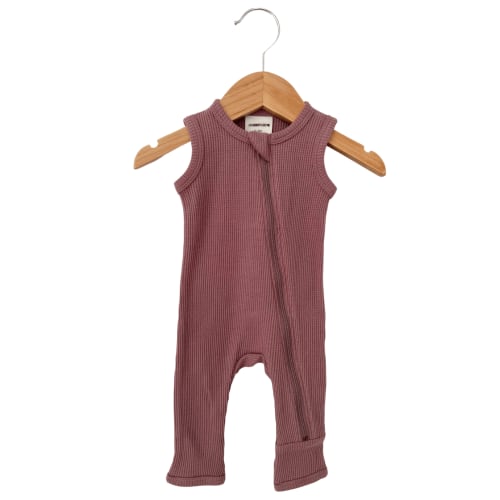 Organic Waffle Sleeveless Zip Romper, Winterberry