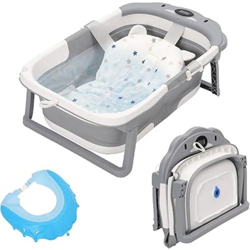 Baignoire pliable pour bébé, baignoire pour bébé avec coussin de support, tapis de siège, antidérapant et portable pour voyage pour nouveau-né