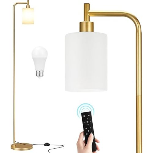 Floor Lamps for Living Room - Industrial Standing Lamp with Remote Control Glass Shade, Modern Gold Floor Lamp with LED Bulbs, Tall Lamp for Bedroom Office - Gold
