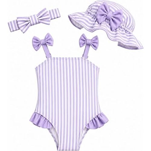 DivingBirds Baby Girl Swimsuit with Sun Hat &Headband Set, Infant One Piece Bathing Suit Newborn Summer Beach Gift