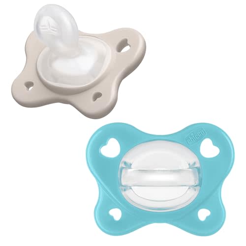 Chicco PhysioForma Dual Soft Orthodontic Pacifier for Babies 6-16 Months, 100% Soft Silicone, Supports Breathing, One-Piece Design, Included Sterilizing Case, BPA Free, 2-Pack, Grey/Ultramarine