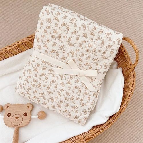 BuLuTu 4 Layer Toddler Blanket 100% Cotton Muslin Bed Blankets for Kids,Girls,Boys, Designed with Cute Camellia Flowers Lightweight Thermal Baby Blanket, Super Soft and Warm Crib Blanket, 47x51
