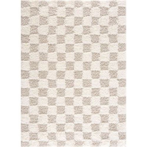 Marshmallow Modern Checkered Shag Area Rug - High Pile Fluffy Shaggy Carpet Kids Room Nursery for Living Room - Beige, Cream, White - 5'3" x 7'3"