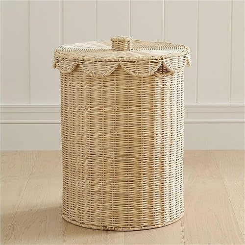 Woven Rattan Storage Basket with Lid, Round Laundry Hamper with Metal Frame