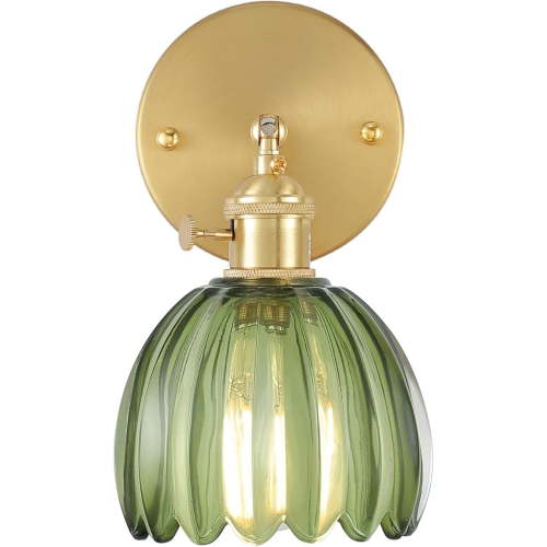 Vintage Battery Operated 1-Light Wall Sconce with Green Tulip Glass Lampshade for Bedside, Bedroom, Doorway