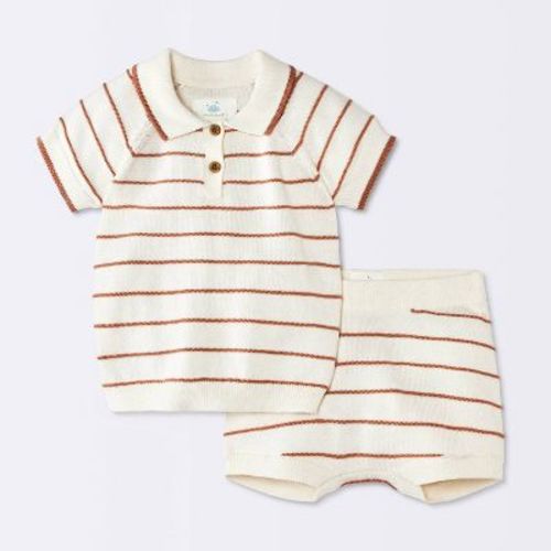 Baby Boys' 2pc Striped Crochet Sweater Polo Top and Shorts Set - Cloud Island™ Brown 3-6M