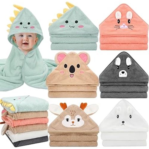 6 Pack Baby Hooded Bath Towels, Premium Ultra Soft Absorbent Coral Fleece Bath Towel Set for Newborns, Infants, Toddlers, and Kids, 31.5 X 31.5 Inch Hooded Towel for Boys and Girls