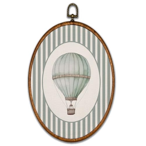 BCUANGD Vintage Hot Air Balloon Oval Wall Art Decor - Retro Striped Travel Baby Nursery Wall Art Canvas Frame Artwork Prints, Kids Boy Oval Wall Hanging Decorations for Home Bedroom, 8.6"x11.4"