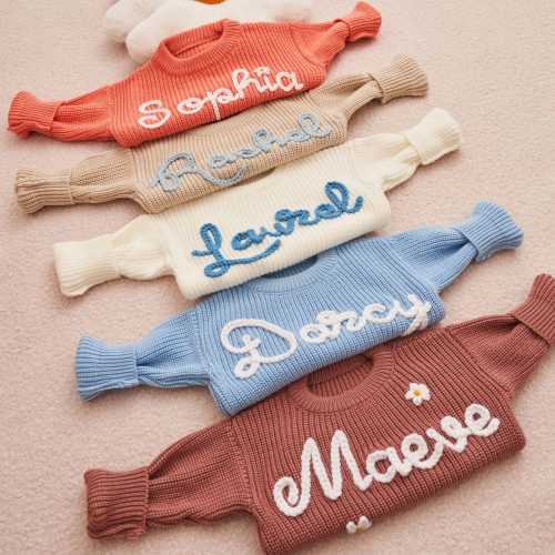 Hand-Embroidered Custom Name Baby Sweater: Personalized Knit