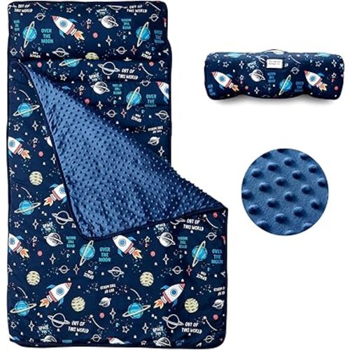 Toddler Nap Mat, Rollup Design Kid Sleeping Mat with Removable Pillow & Minky Blanket, Toddler Sleeping Bag for Daycare Preschool Travel Camping