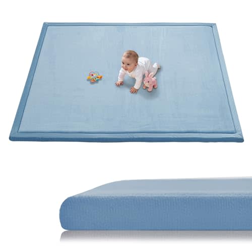 Baby Play Mat for Floor, 1.3 Inch Thick Memory Foam Tummy Time Mat with Non Slip Backing, Soft Coral Velvet 50×50 Inch Playpen Mat Crawling Tatami for Infants Toddlers Kids, Midnight Blue