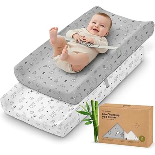 2-Pack Baby Changing Pad Cover for Girl, Boy - 34x18 Soft Viscose Derived from Bamboo Baby Diaper Changing Table Pad Cover Sheets, Neutral, Snug Fit Nursery Diaper Change Sheets (Woodland)