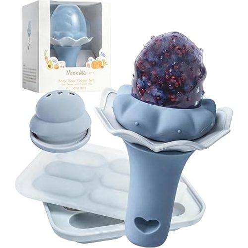 Moonkie Baby Fruit Feeder with Freezer Tray, BPA Free Silicone Food Feeder for Infant Self Feeding, Breastmilk Popsicle Molds, Mesh Feeder with Two Pouches, Baby Shower Gifts 4 Months+, 1 Pack