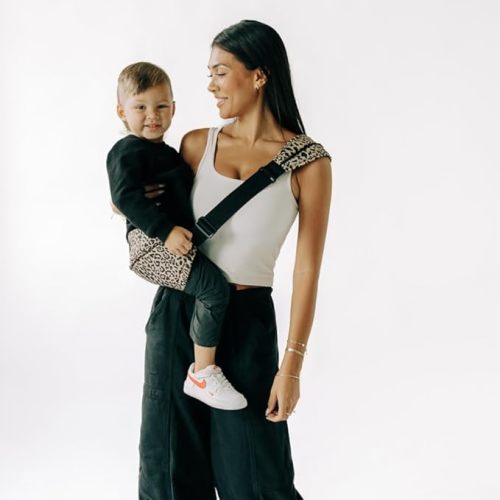 Tushbaby Liftoff Toddler Sling - Minimalist, Easy-On Toddler Carrier for Quick Carrying – Compact, Comfortable, and Stylish with Built-in Phone Pocket & Bottle Holder (Cheetah)
