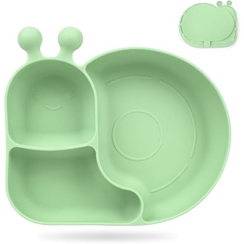 Silicone Baby Plate with Super Suction – Snail Shape 3 Compartment Toddler Food Plate Self Feeding Unbreakable Eating Supplies for Boys and Girls (Green)
