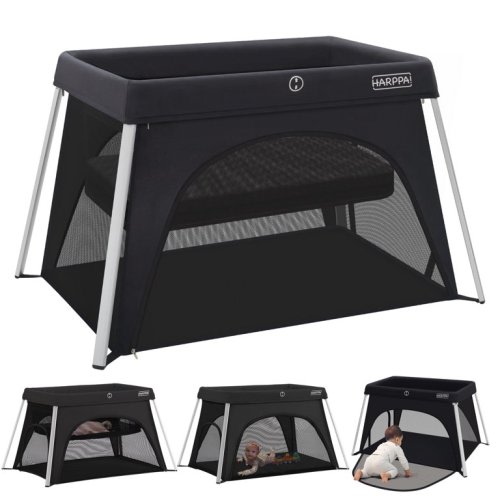 HARPPA Portable Travel Crib with Mattress, Foldable Playard for Baby and Toddler, 11lbs, Black