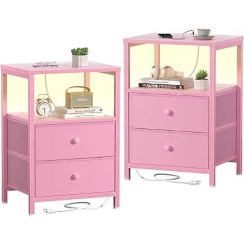 BOLUO Pink Nightstands Set of 2, Bedroom Night Stand Set Two Nightstand with Charging Station and LED Light, Bedside Table with 2 Fabric Drawers Modern