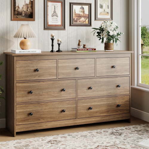 YouTrend 7 Drawer Dresser, 55.1"L x 15.7"W x 32.3"H Modern Brown Wood