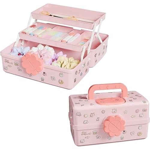 Hair Accessories Organizer with Handle sewing organizer，Lockable Three-Layer Multipurpose Art Supplies Storage Box and Storage Plastic Jewelry Box (pink)