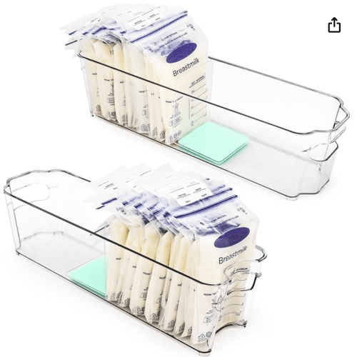 Breast Milk Storage Containers for Fridge, Fridge Organizer Bins with L-Shaped Compressor Inserts for Flattening Breastmilk Bags, and Space-Saving Design (Large, Count, 2)