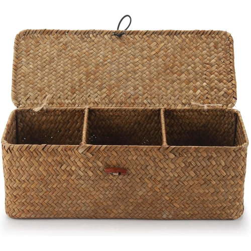 Wicker Storage Basket Bin with Lid,Rectangular Woven Shelf Baskets with 3-Section,Toilet Paper Basket Holder for Closets Pantry Bathroom Kitchen Shelf Organizing, Khaki