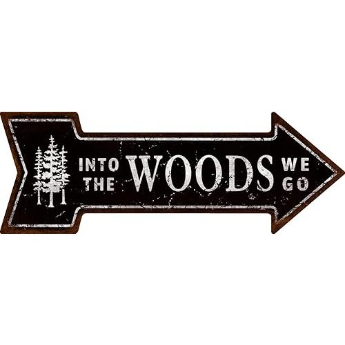 Mukuko Into the Woods Arrow Tin Metal Sign Wall Decor - Rustic Outdoorsy Wall Art for Cabin, Lodge, or Man Cave, 6" x 18"